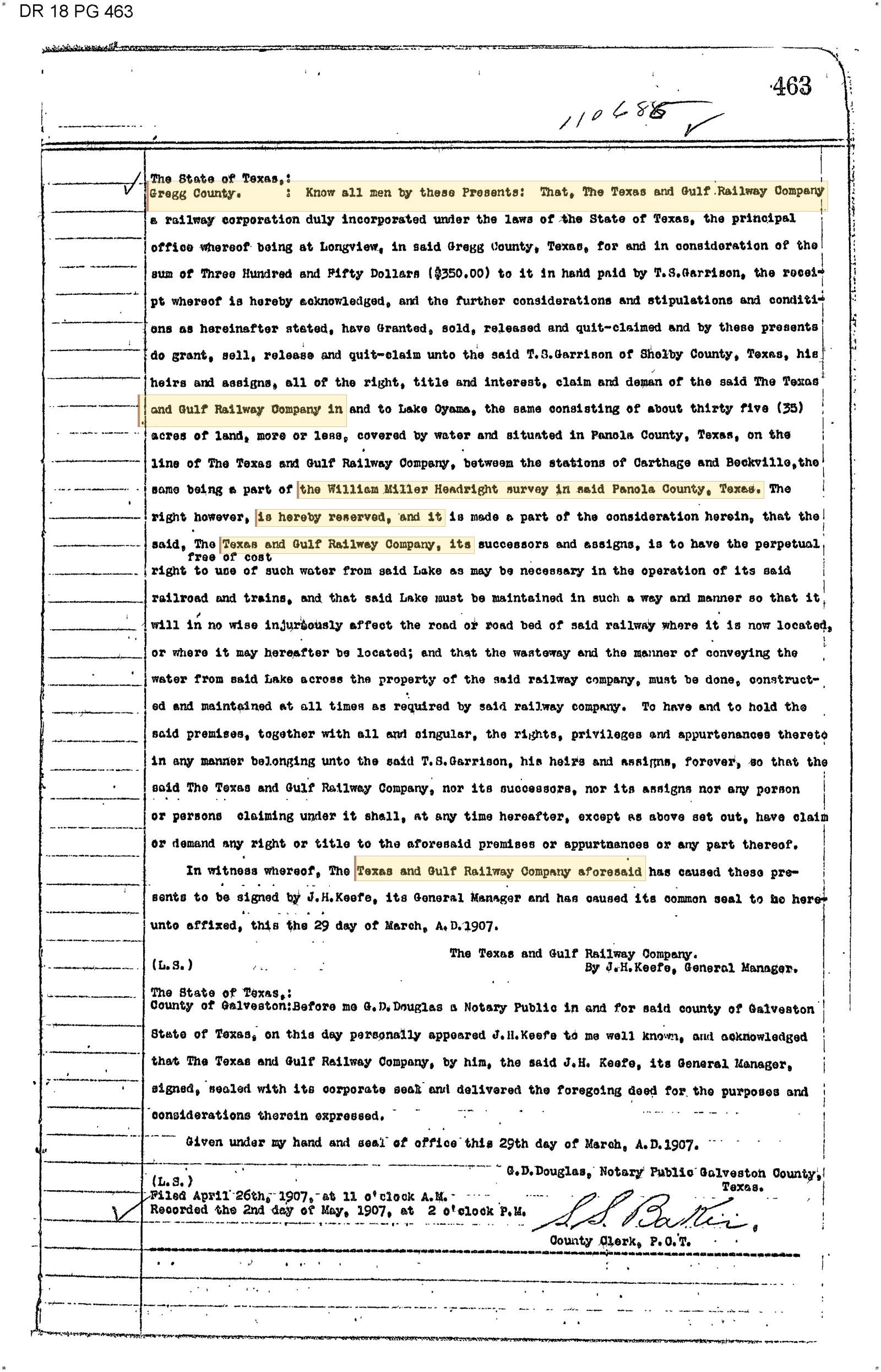 Texas & Gulf Railway Company - Recorded Deed (Vol. 18, Page 463)