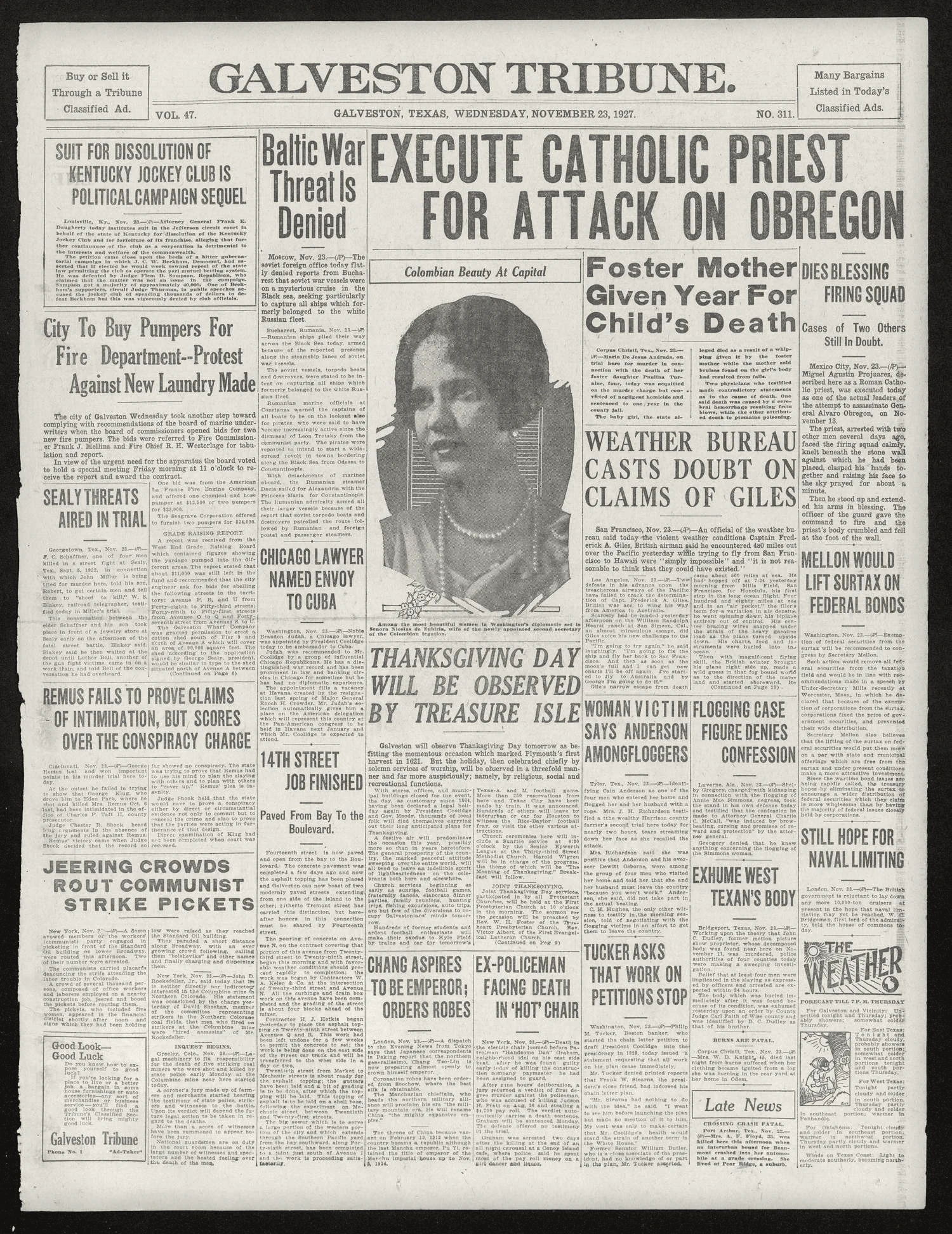 Galveston Tribune. (Galveston, Tex.), Vol. 47, No. 311, Ed. 1 Wednesday, November 23, 1927