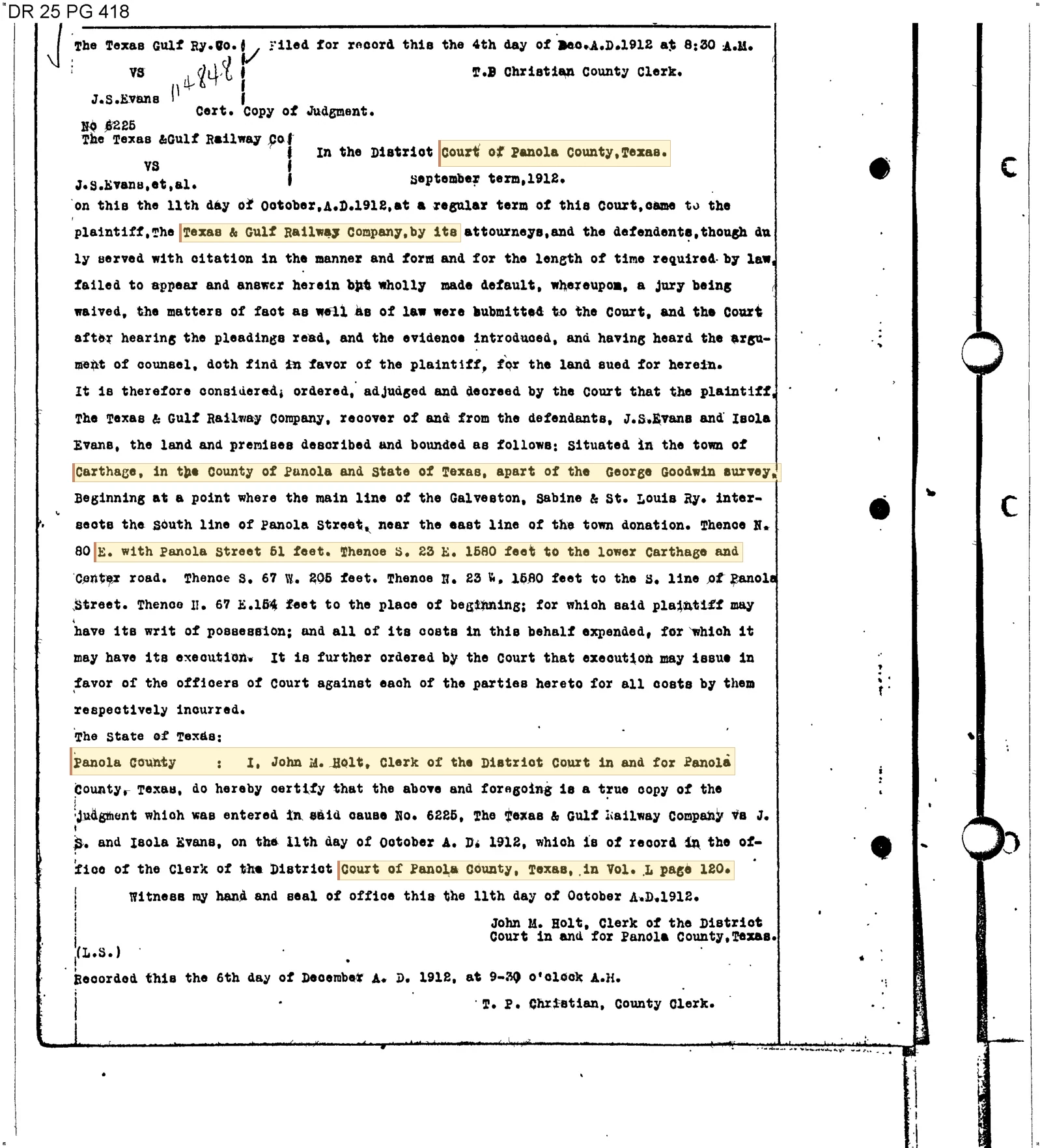 Texas & Gulf Railway Company - Recorded Order/Decree/Judgment (Vol. 25, Page 418)